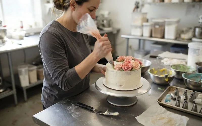 A baker piping buttercream decoration onto a custom cake in a bakery kitchen in Puchong