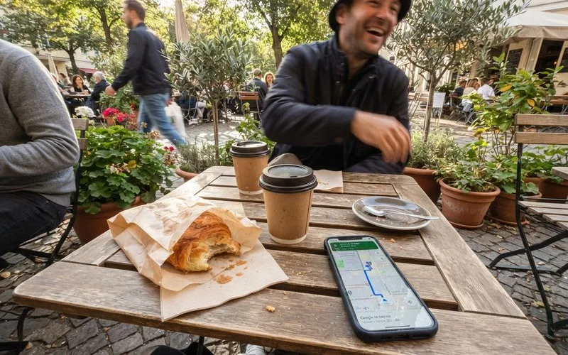 A pair of coffee cups and a shared pastry plate on a table, with a phone showing a map open beside them