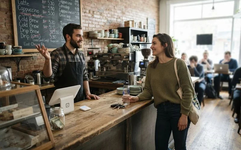 A customer chatting with a barista at a coffee counter while pointing at a handwritten specialty coffee menu board
