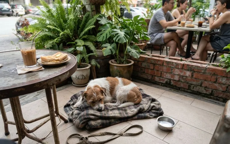 A small dog resting calmly on a blanket beside its owner's table at an outdoor cafe seating area in Puchong