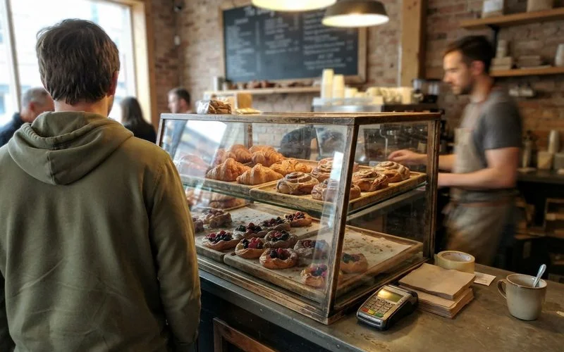 A tray of freshly baked pastries and bread being arranged in a bakery display case