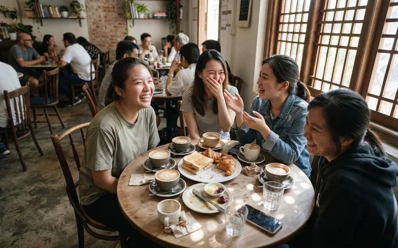 A small group of friends sharing coffee and pastries at a wooden table inside a Puchong cafe