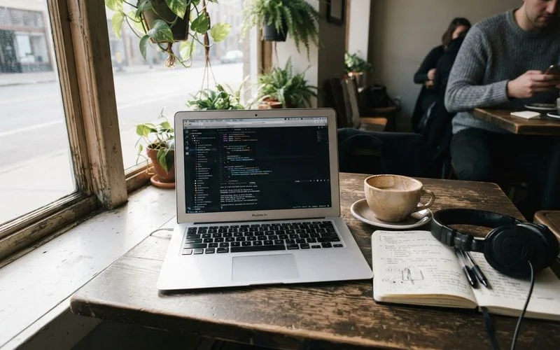 A laptop, notebook, and half-finished coffee on a cafe table near a window, set up for a long work session