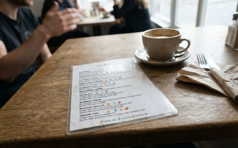 A clearly labelled vegetarian dish with a small allergen icon on the menu card next to it