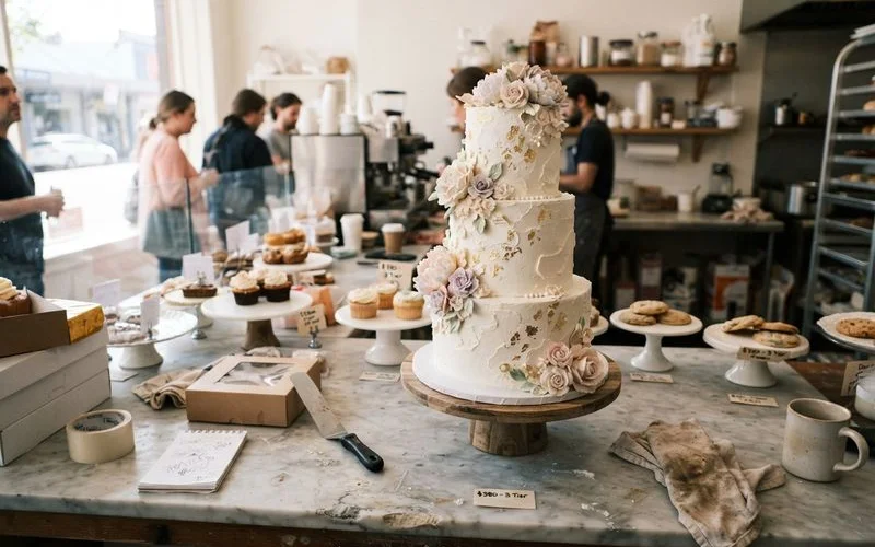 A decorated multi-tier birthday cake with buttercream flowers sitting on a bakery display counter in Puchong