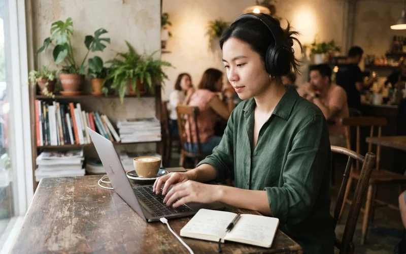 A person working quietly on a laptop with headphones in at a corner table of a busy cafe