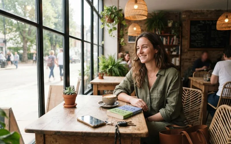 A well-lit cafe corner with plants, natural light from a large window, and a neatly arranged coffee cup on the table